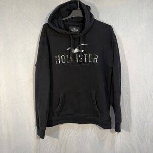 Men's Hollister Fleece Lined Pullover Hoodie Embroidered Sweatshirt Black M